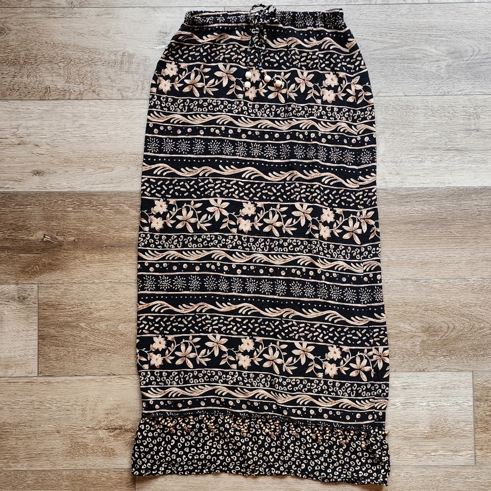 Notations Womens Small Floral Animal Print Maxi Skirt Bead Trim Tie Waist Black